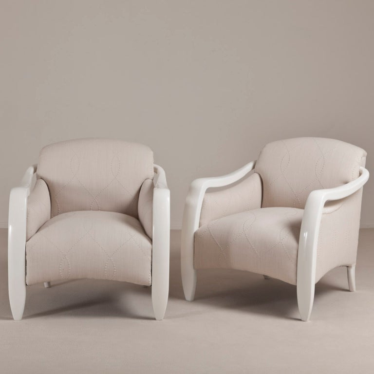 A Pair of Art Deco Inspired Ivory Painted Open Armchairs 1970s, Talisman Edition