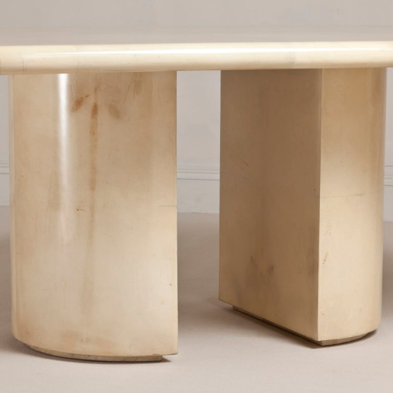 Lacquered Goatskin Wrapped Dining Table on Demilune Shaped Pedestals, 1980s In Good Condition For Sale In London, GB