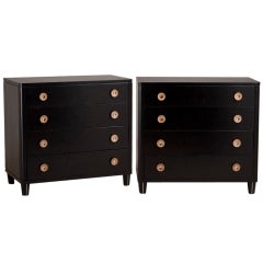 A Pair of Ebonised Wood Four Drawer Commodes with Nickel Detail