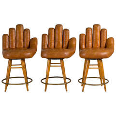 Set of Three Leather Baseball Glove Swivel Bar Stools, Signed