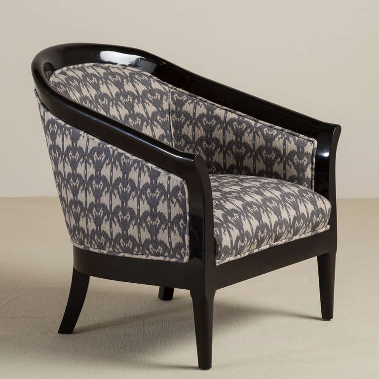 Mid-20th Century Pair of Black Lacquered Upholstered Tub Chairs, 1950s