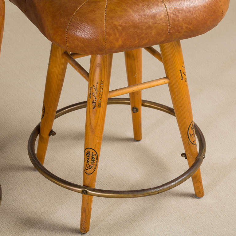 Set Of Three Leather Baseball Glove Swivel Bar Stools Signed At 1stdibs Set Of Three Leather Baseball Glove Swivel Bar Stools Signed For 1