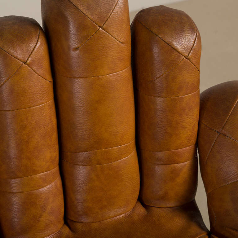 Set of Three Leather Baseball Glove Swivel Bar Stools, Signed In Excellent Condition In London, GB