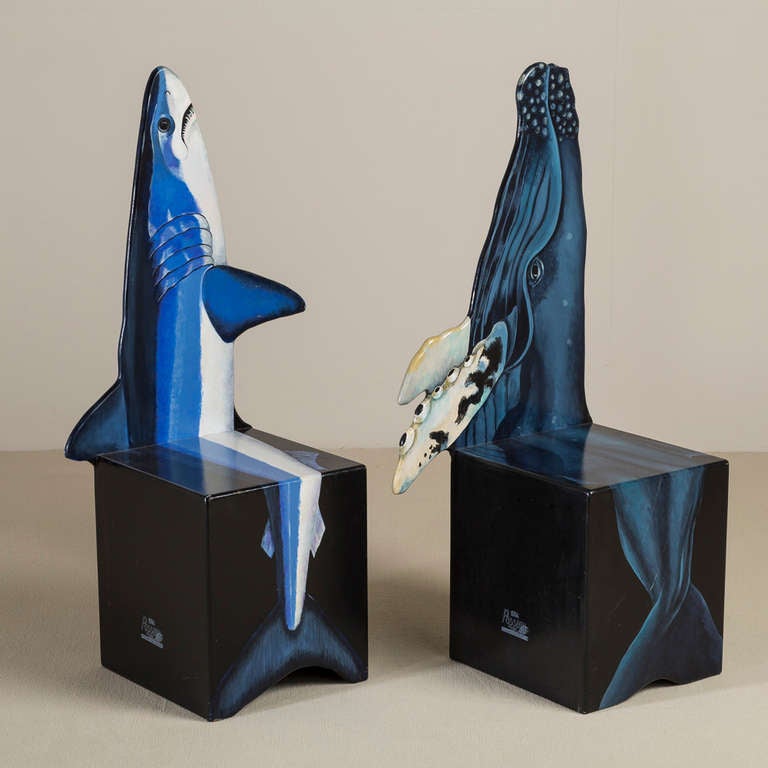 A Theatrical Pair of Chairs despicting a Mako Shark and Humpback Whale, each 3 in edition of 20, signed and dated 1991