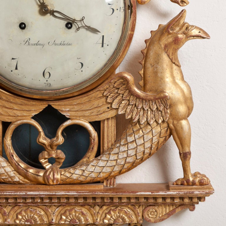 A Superb Swedish Empire Gilded Wall Clock with Eight Day Movement and Original Gilding and Decoration signed Per Henrik Beurling circa 1790