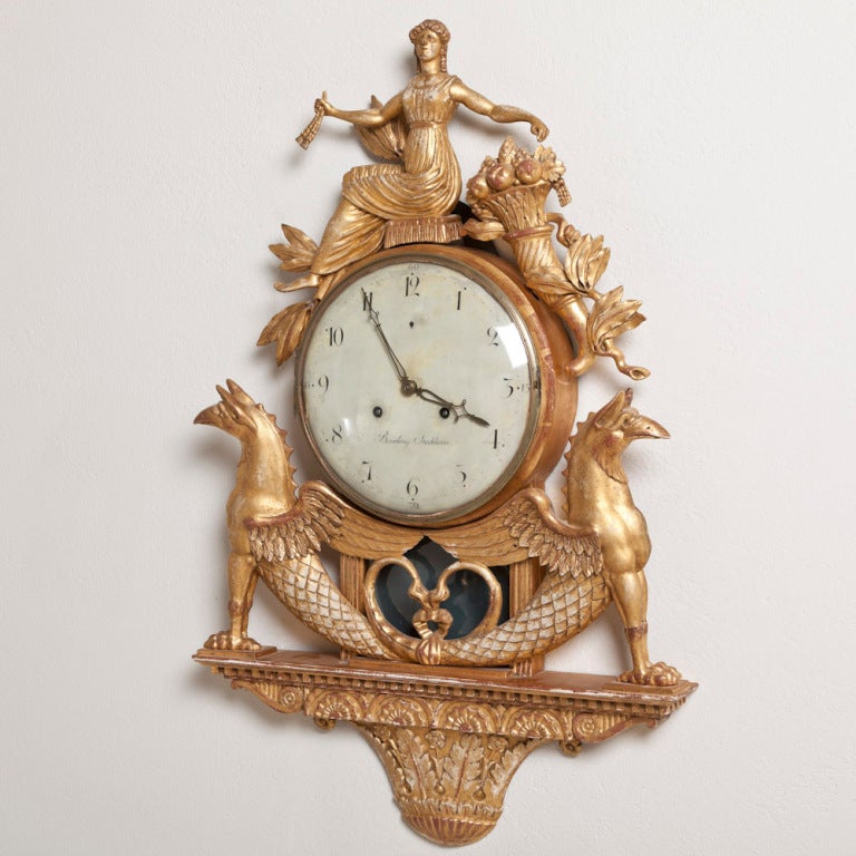 18th Century and Earlier A Superb Swedish Empire Gilded Wall Clock circa 1790