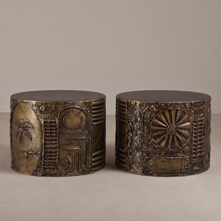 A Pair of Brutalist Drum Resin Wrapped Side Tables by Adrian Pearsall for Craft Assocaites USA 1960s