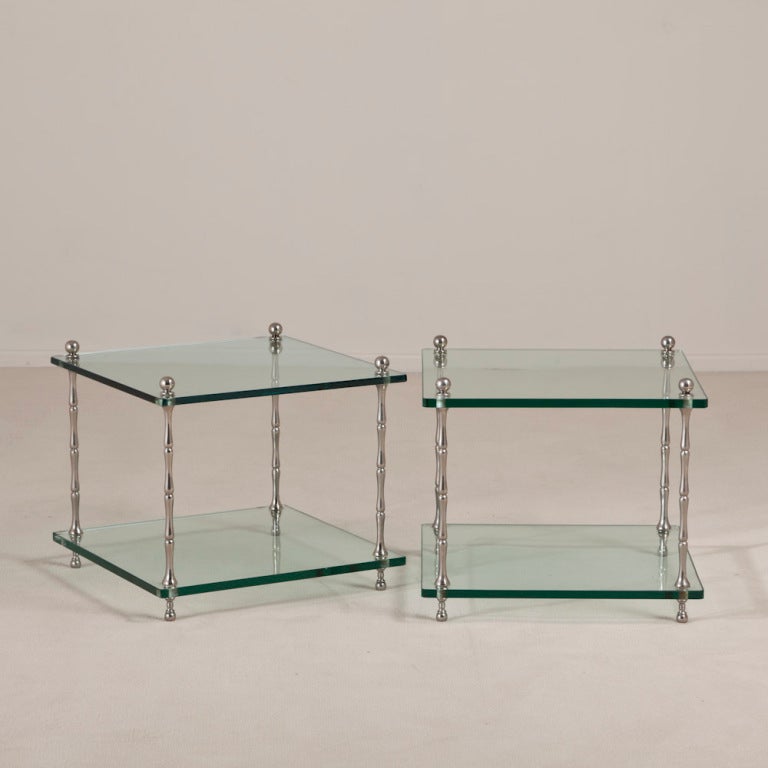A Pair of Faux Bamboo Nickel and Glass Side Tables 1970s