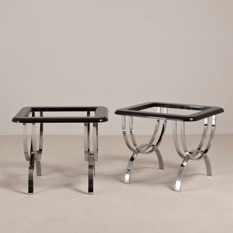 A Pair of Chrome Based Black Lacquer Side Tables with Inset Glass Tops 1970s, Talisman Edition