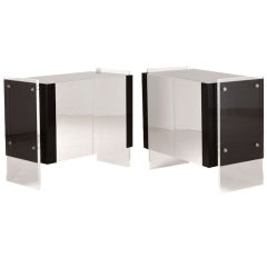 A Pair of Lucite Ended Black Lacquer and Steel Side Cabinets
