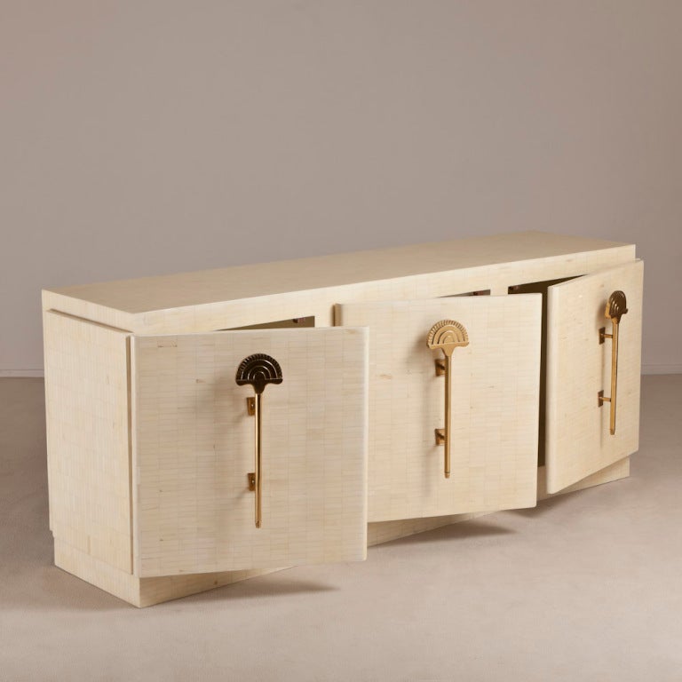A Three Door Bone Veneered Cabinet with Elongated Brass Handles 1970s