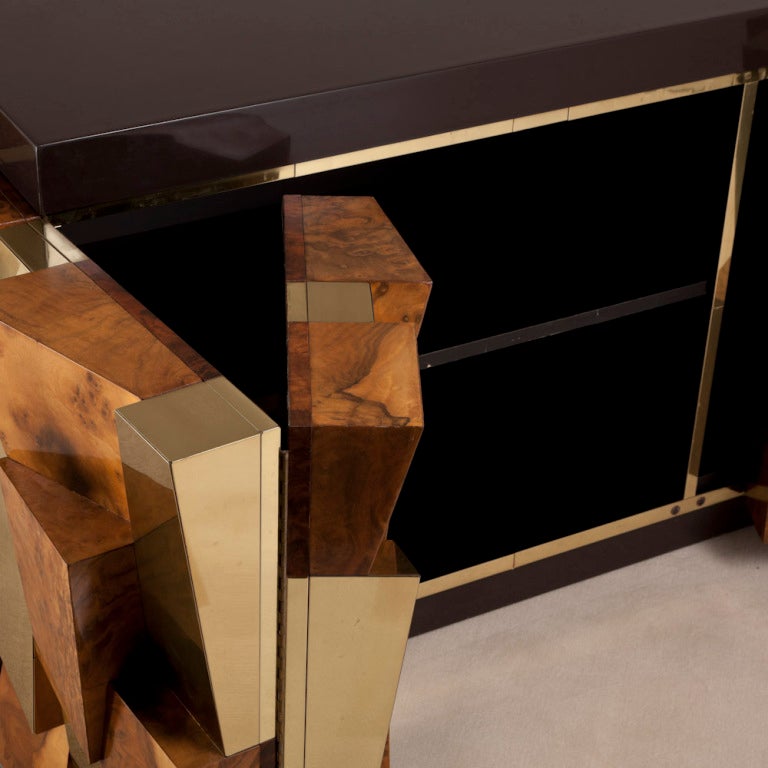 A Burr and Brass Faceted Paul Evans Cabinet for Directional 1970 1