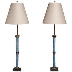 An Elegant Pair of Moulded Blue Glass Table Lamps 1950s