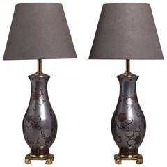 An Unusual Pair of Asian Modern Pewter Table Lamps 1960s