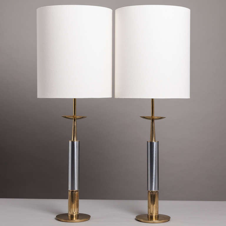 A Pair of Brass and Nickel Column Table Lamps by Stiffel USA 1960s