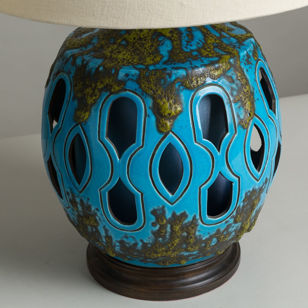 Large Pair of Drip Glaze Turquoise Ceramic Table Lamps 1960s