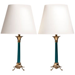 A Rare Pair of Turquoise Glass Table Lamps