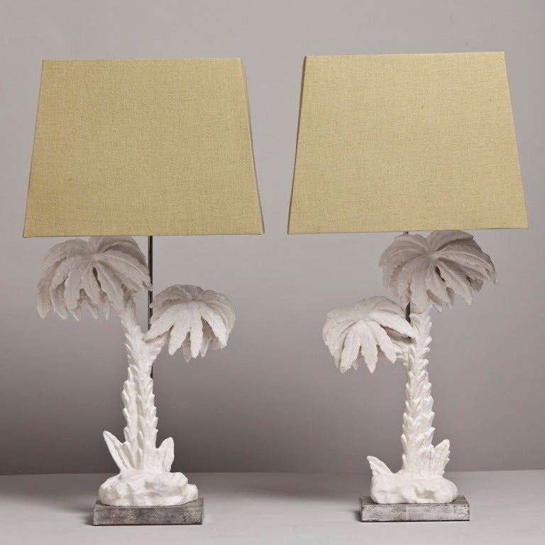 A Stunning Pair of White Plaster Palm Tree Table Lamps