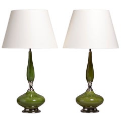 A Tall Pair of Green Glazed Ceramic Table Lamps USA 1960s