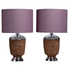 A Large Pair of Cork Veneered and Chrome Plated Table Lamps