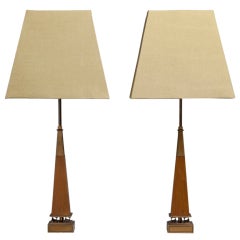 A Pair of Mid Century Wooden and Brass Table Lamps