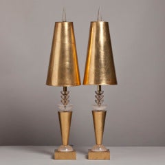 A Pair of Lucite and Goldleafed Table Lamps with Original Shades