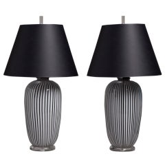 A Rare Pair of Black and White Pinstripe Murano Glass Lamps