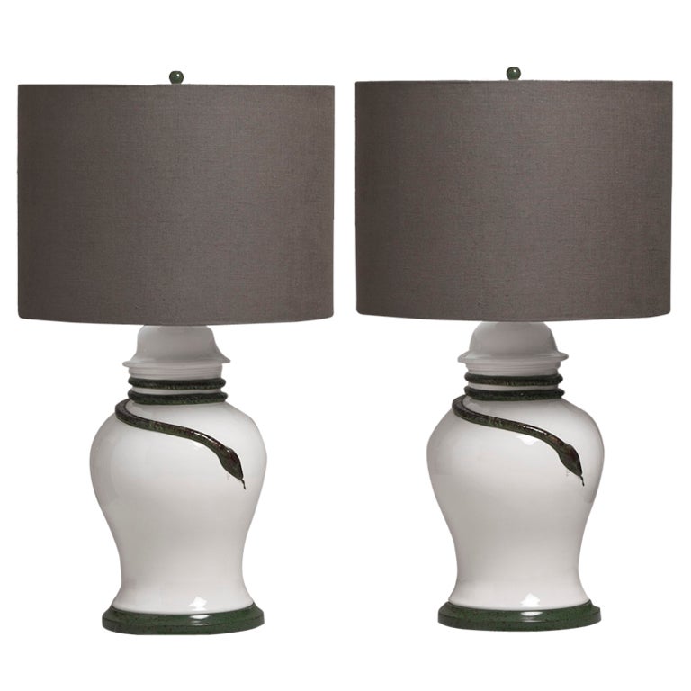 A Pair of Glazed Ceramic Table Lamps With Snake Detail