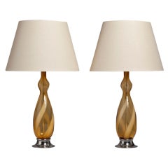 A Pair of Amber Murano Handblown Glass Table Lamps 1960s