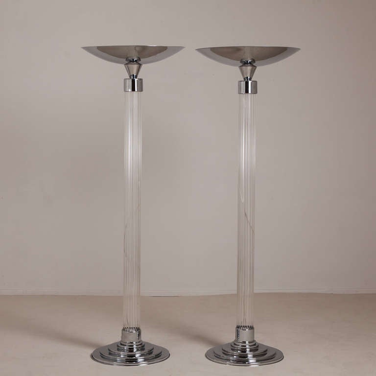 A Pair of Deco Style Chrome and Glass Uplighter Floor Lamps