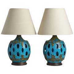 Large Pair of Drip Glaze Turquoise Ceramic Table Lamps 1960s
