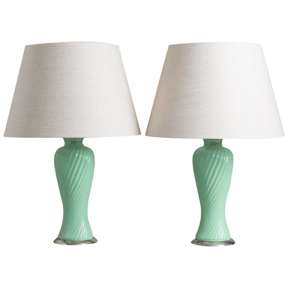 Pair of Aqua Green Ribbed Table Lamps, 1960s