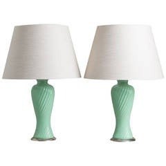 Pair of Aqua Green Ribbed Table Lamps, 1960s 6