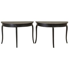 Pair of Swedish Cabriole Leg Black Painted Demilune Tables