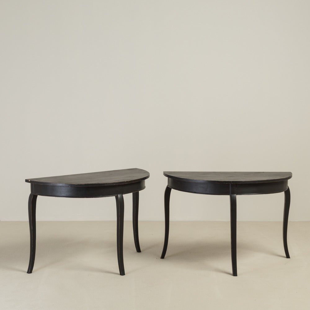 Pair of Swedish Cabriole Leg Black Painted Demilune Tables