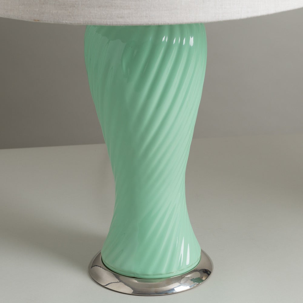 Ceramic Pair of Aqua Green Ribbed Table Lamps, 1960s