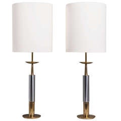 A Pair of Brass and Nickel Column Table Lamps by Stiffel 1960s