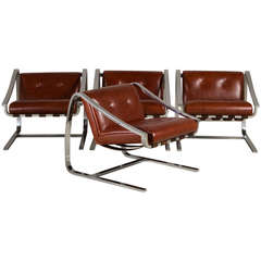 Cantilevered Steel & Leather Chairs, manner of Charles Gibilterra for Brueton