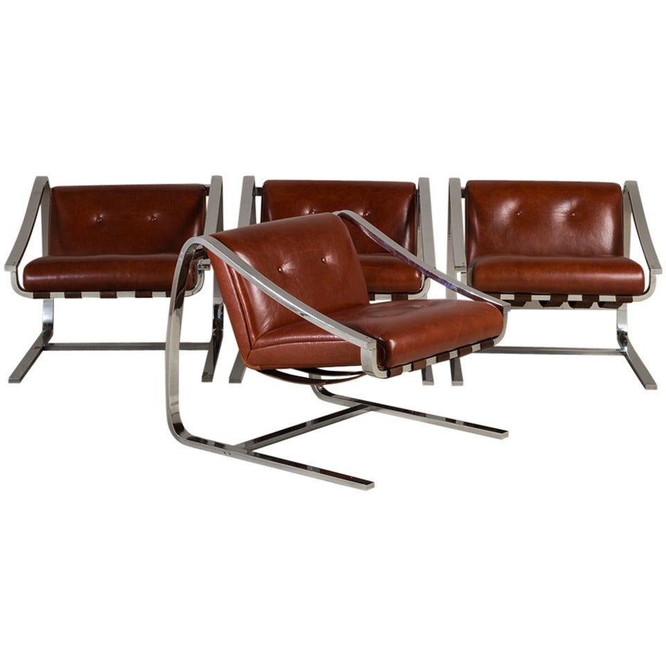Cantilevered Steel & Leather Chairs, manner of Charles Gibilterra for Brueton For Sale