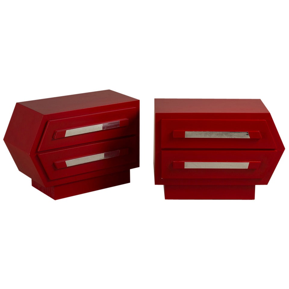 Pair of Red Arrow Handed, Two Drawer Side Cabinets