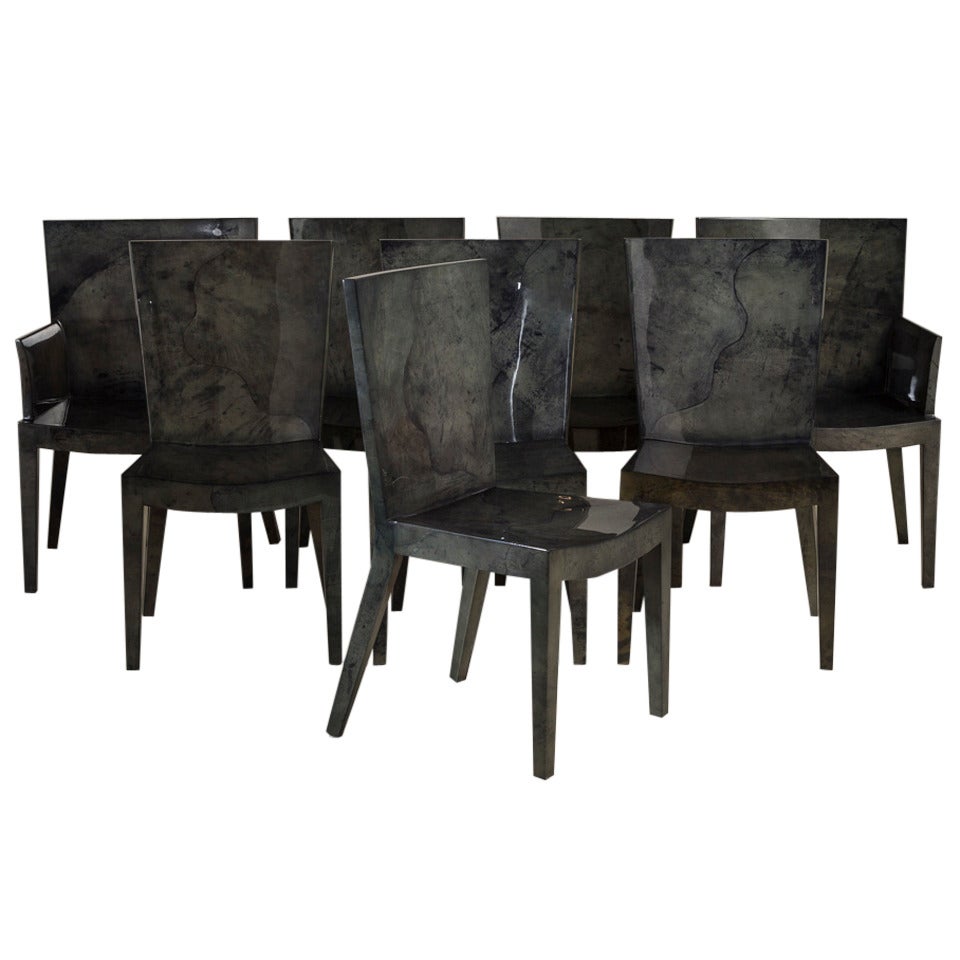 Set of Eight Grey Lacquered Goatskin Chairs, Pair of Carvers Six Side Chairs For Sale