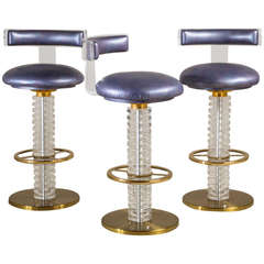 Exceptional Set of Three Bronze and Lucite Barstools, 1980s