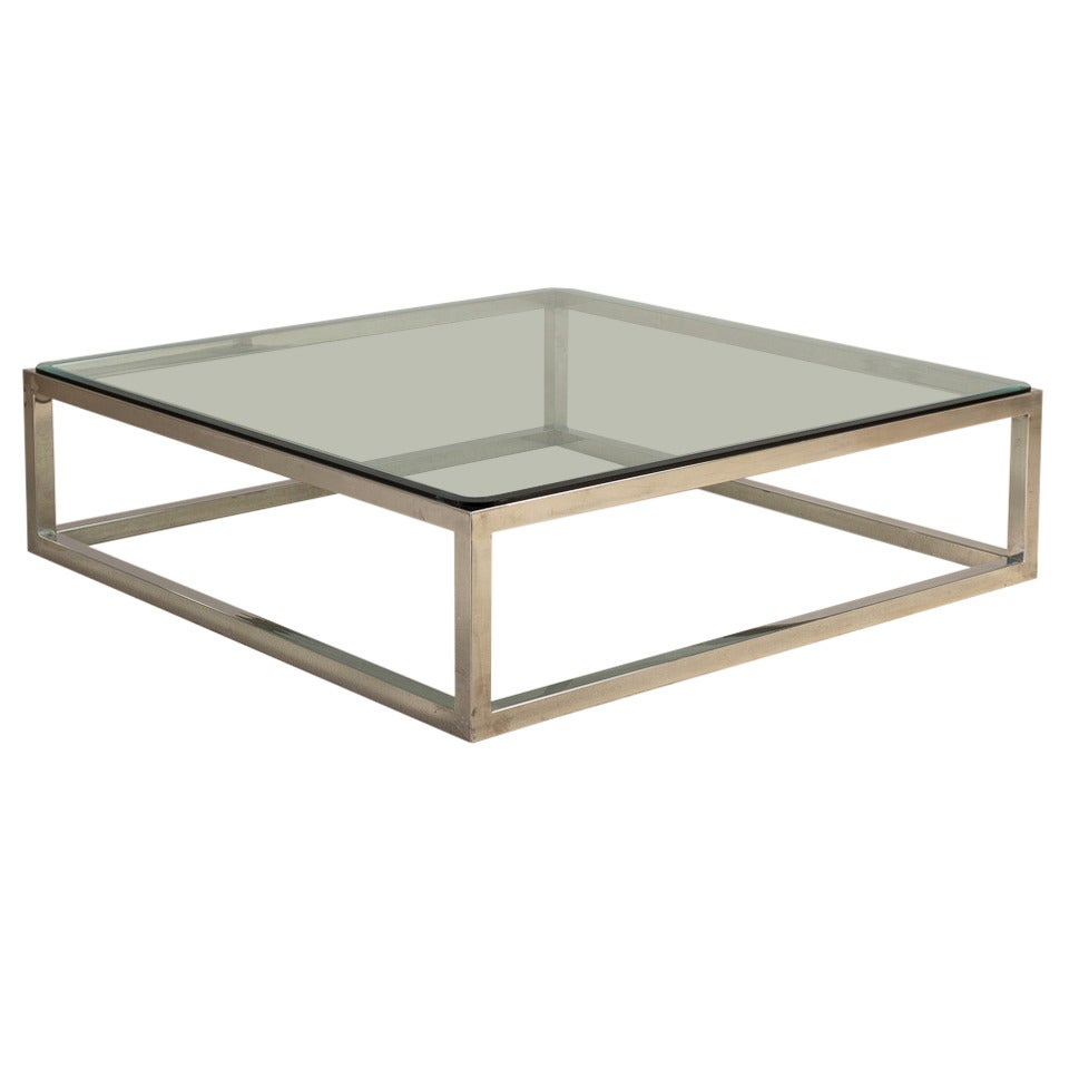 Enormous Nickel Framed Coffee Table with Glass Top For Sale