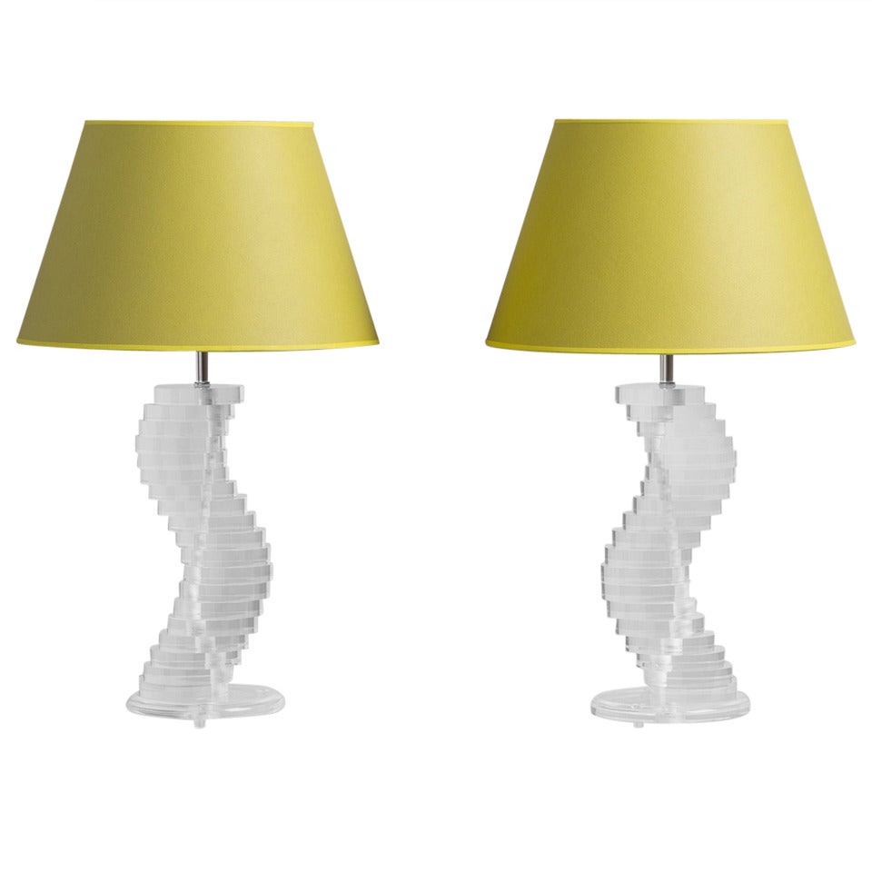 Pair of Spiral Lucite Stacked Table Lamps