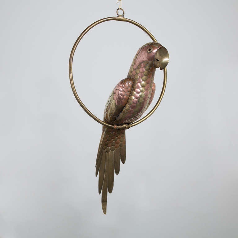 A Small Brass and Copper Parrot on a Circular Stand by Sergio Bustamante, 1960s