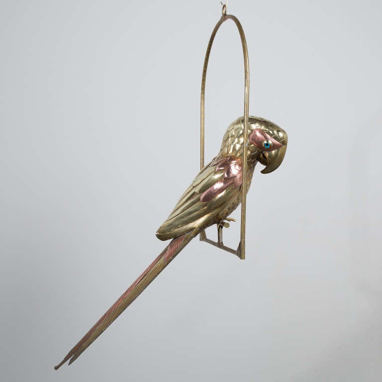 A Large Brass and Copper Parrot on an Arch Stand by Sergio Bustamante with Blue Glass Eyes, 1960s
