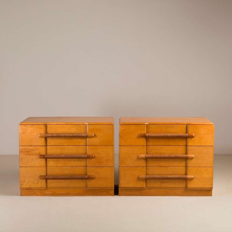 Rare Pair of Three Drawer Commodes with Hessian Wrapped Handles 1950s In Good Condition In London, GB