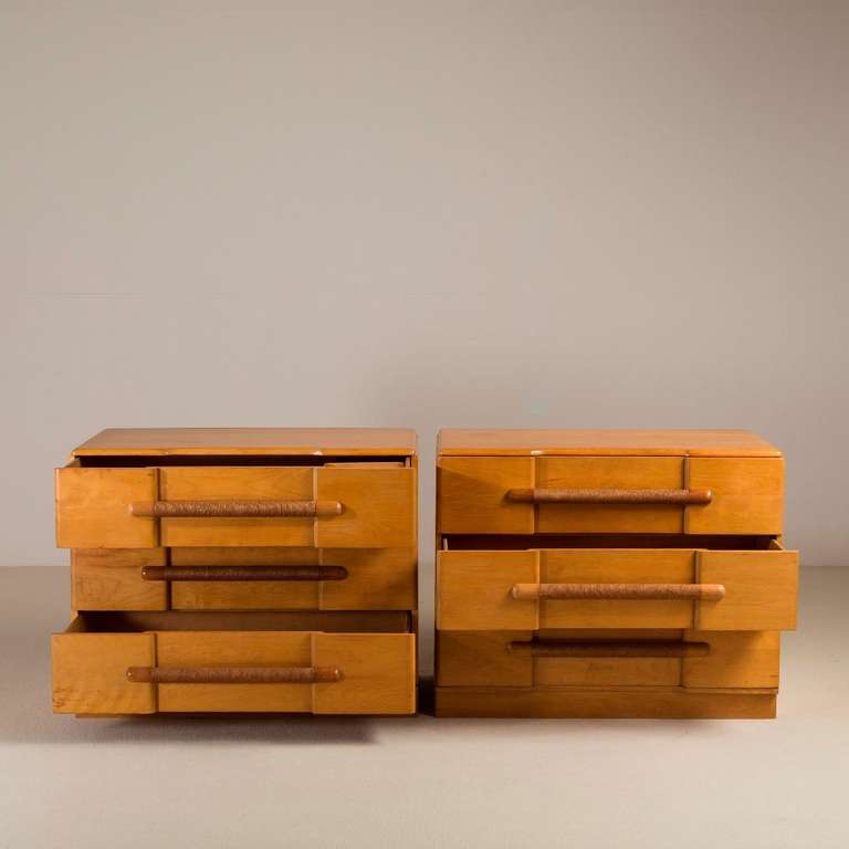 Mid-20th Century Rare Pair of Three Drawer Commodes with Hessian Wrapped Handles 1950s