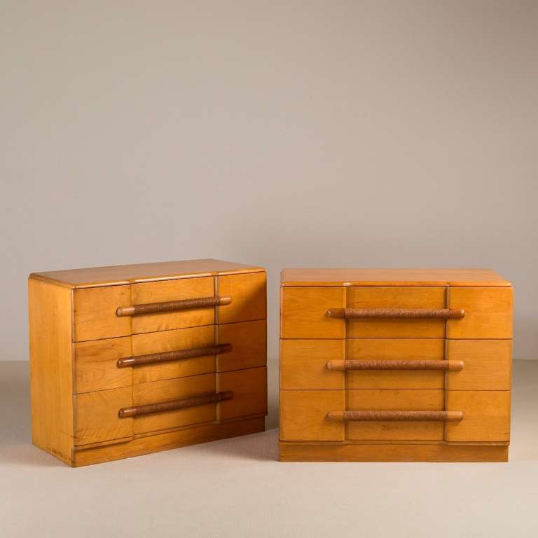 An Important Rare Pair of Three Drawer Commodes with Hessian Wrapped Handles, 1950s