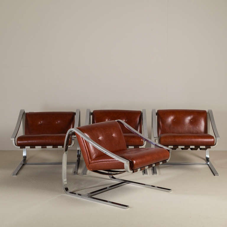 Stylish Pair of Cantilevered Steel and Leather Chairs in the Manner of Charles Gibilterra for Brueton circa 1980s.

Image illustrates set of four but only available as a pair

